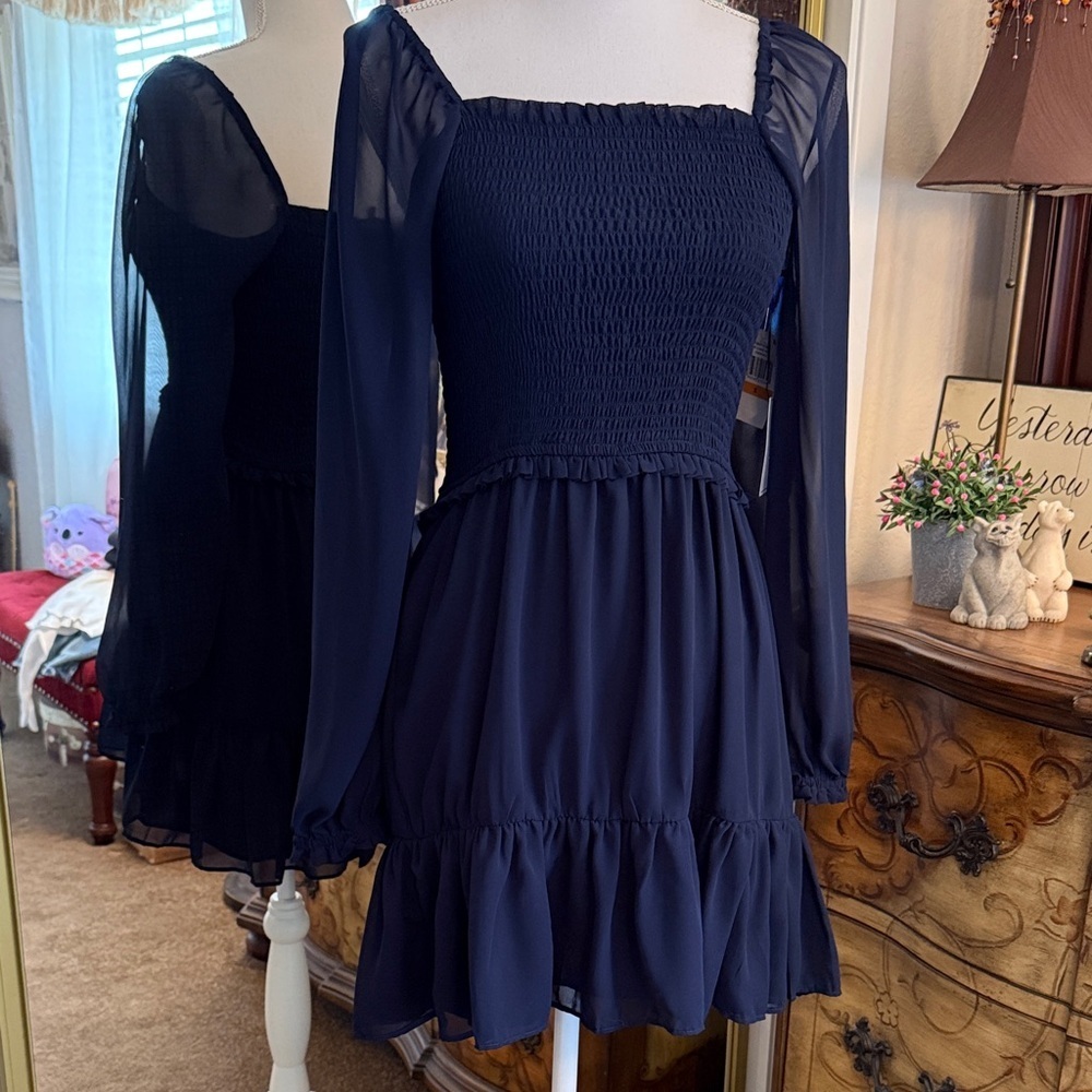 NWT 1. State Navy Smocked Chiffon Mini Dress - Size Small